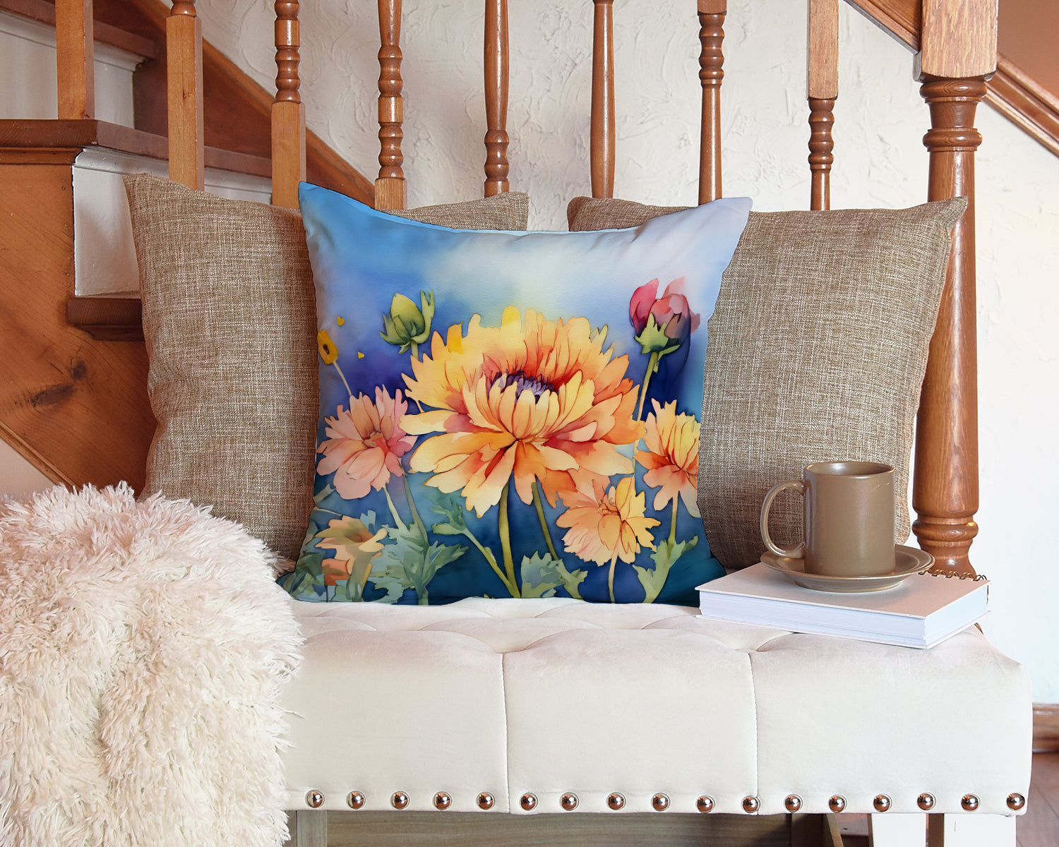 Chrysanthemums in Watercolor Throw Pillow-2