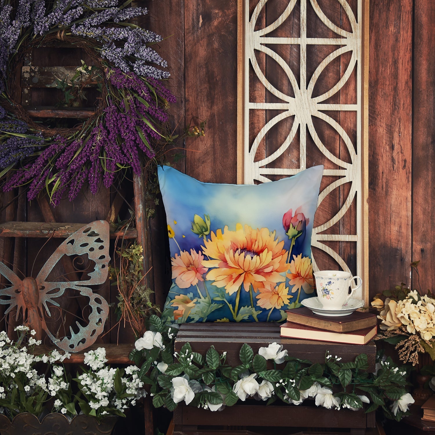 Chrysanthemums in Watercolor Throw Pillow-4